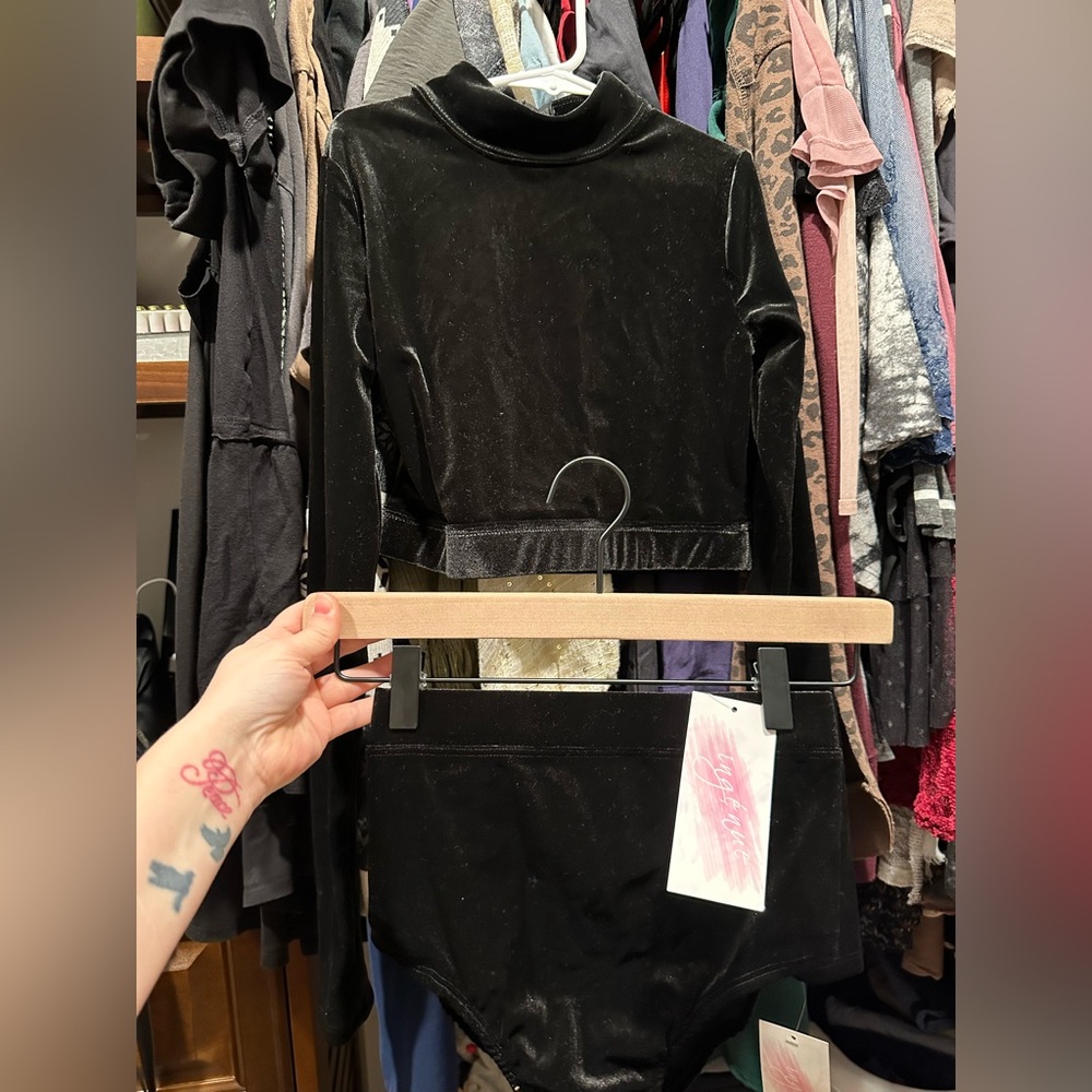 Black velvet crop top and brief set